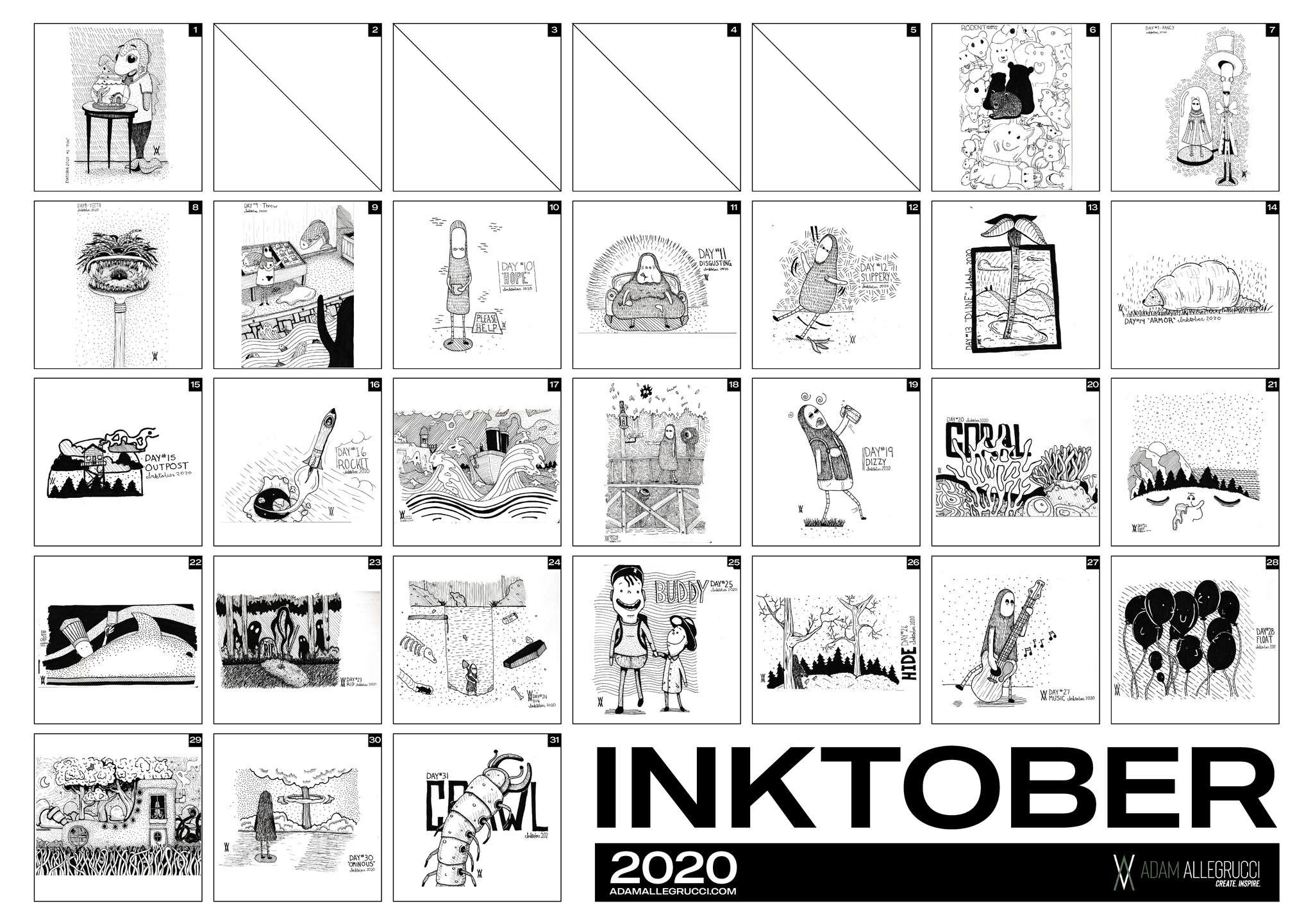 Adam Allegrucci’s 2020 Inktober collection sheet with ink drawings in the numbered grid and four blank early-day panels