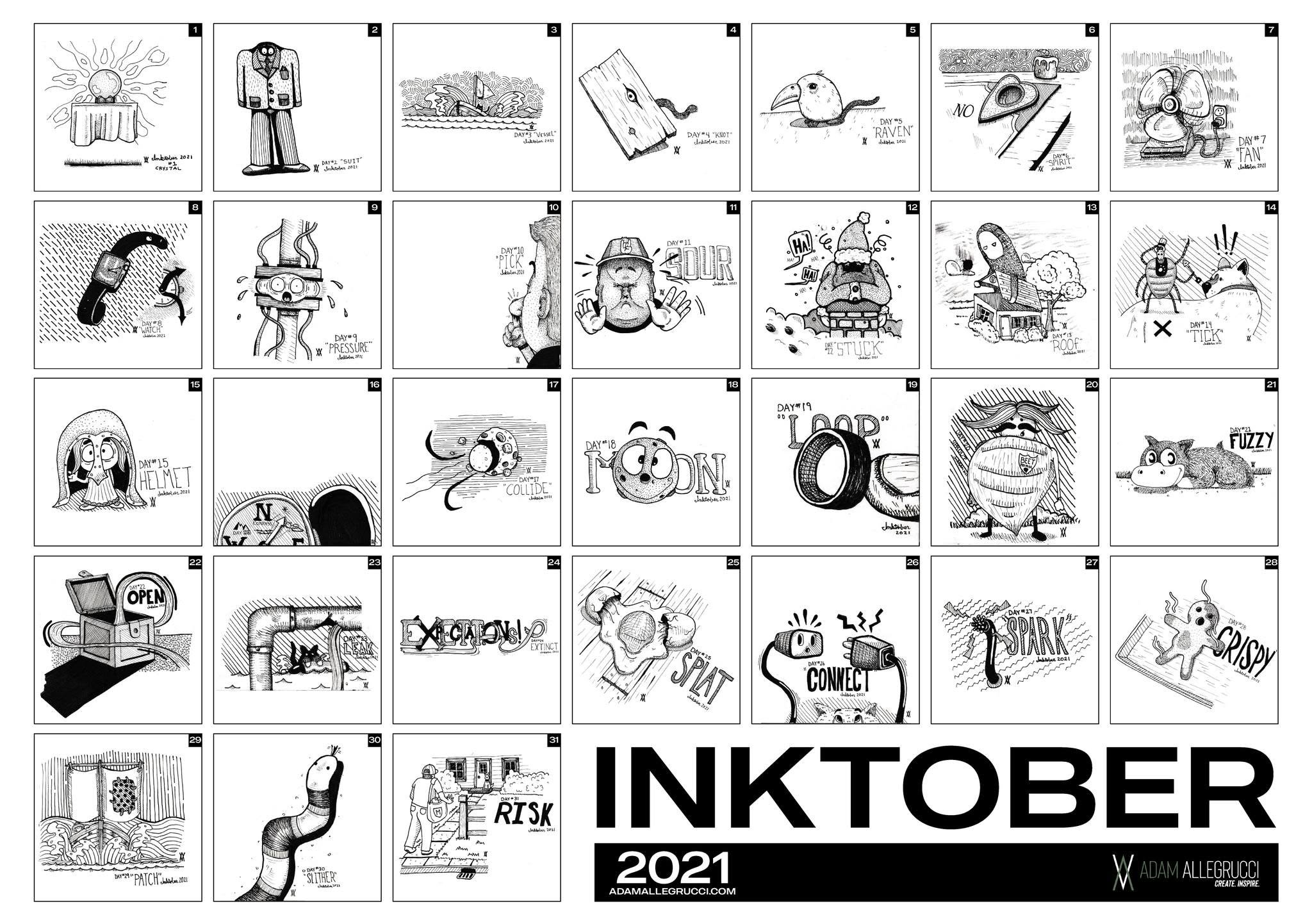 Adam Allegrucci’s 2021 Inktober collection sheet featuring ink characters, objects, lettering, and visual interpretations of daily prompts