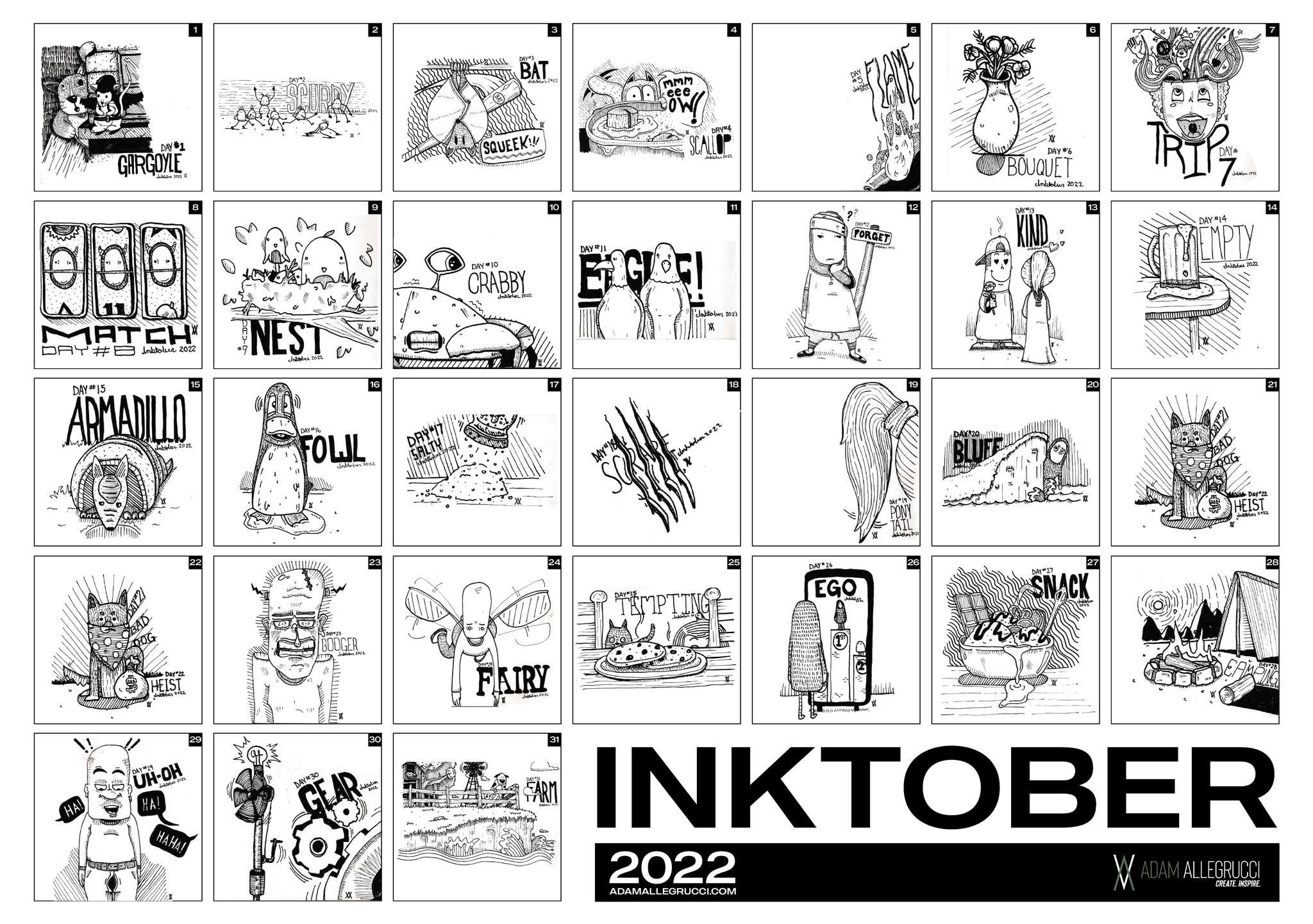 Adam Allegrucci’s 2022 Inktober collection sheet filled with expressive ink characters, animals, objects, and hand-lettered prompts