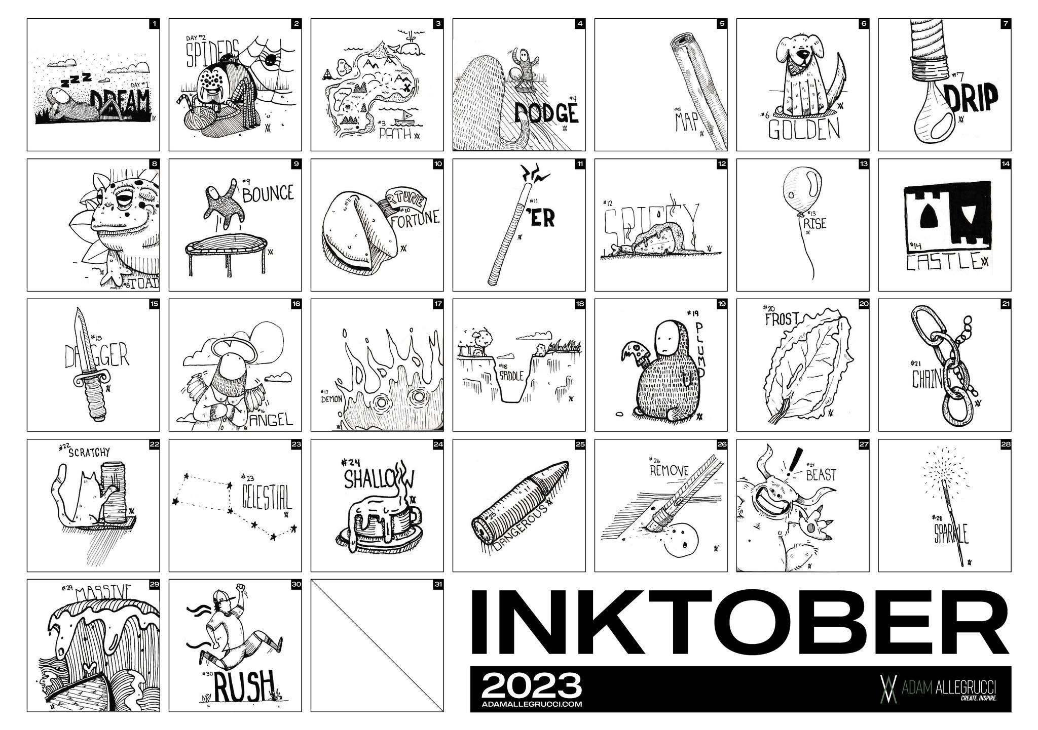 Adam Allegrucci’s 2023 Inktober collection sheet with thirty ink prompt drawings and the final numbered panel left blank
