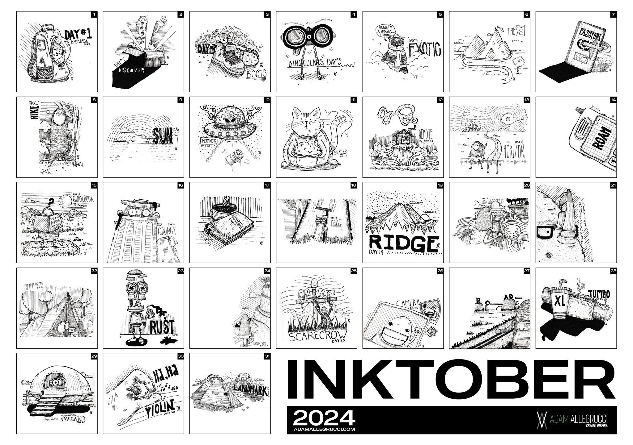 Adam Allegrucci’s 2024 Inktober collection sheet showing detailed ink environments, characters, objects, and hand-lettered prompts