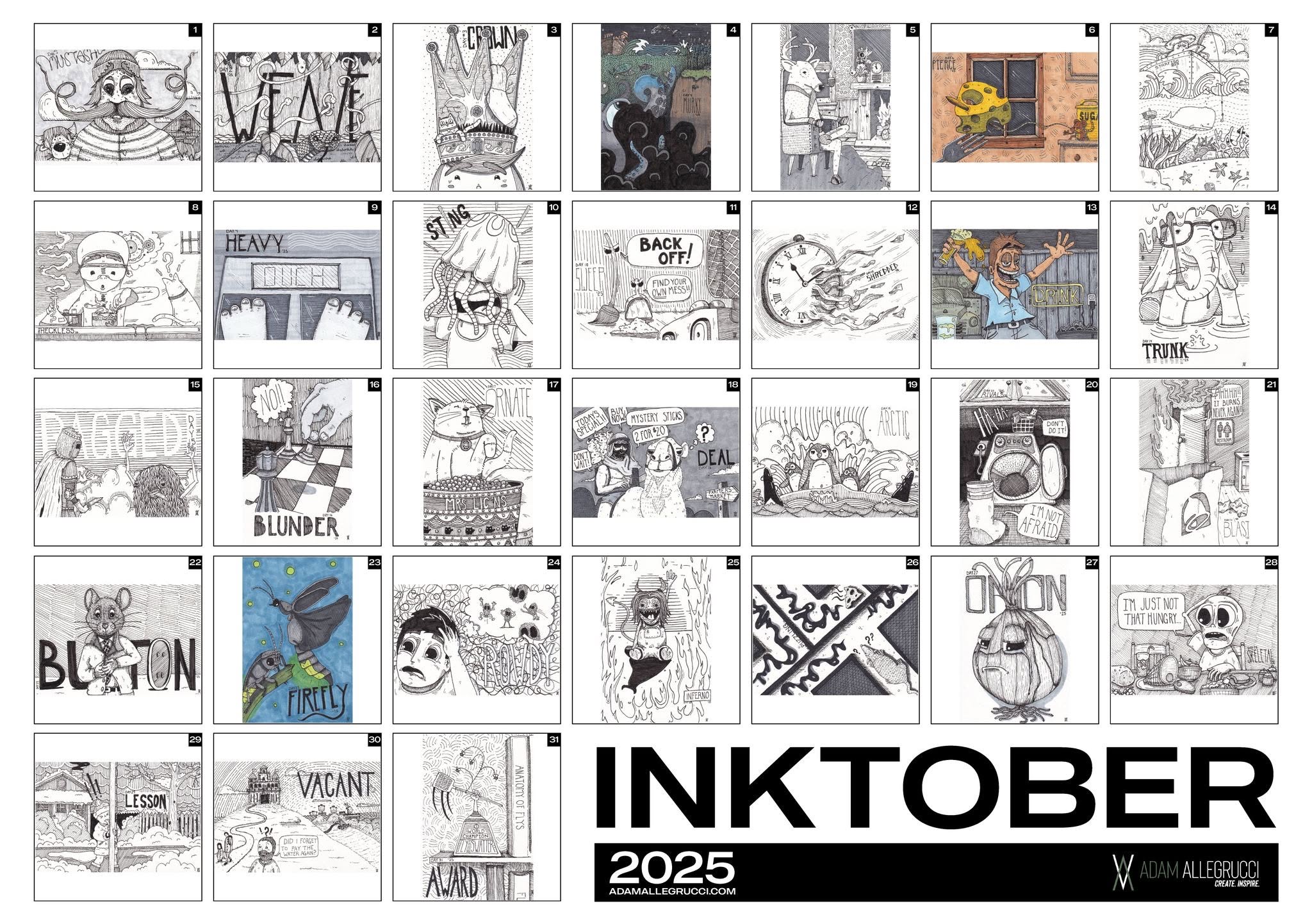 Adam Allegrucci’s complete 2025 Inktober collection sheet with 31 numbered ink illustrations, including characters, environments, visual puns, and selective color