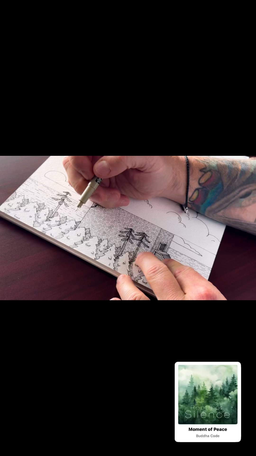 Vertical frame from Adam Allegrucci’s pen-and-ink drawing process video showing texture and shading added to the building
