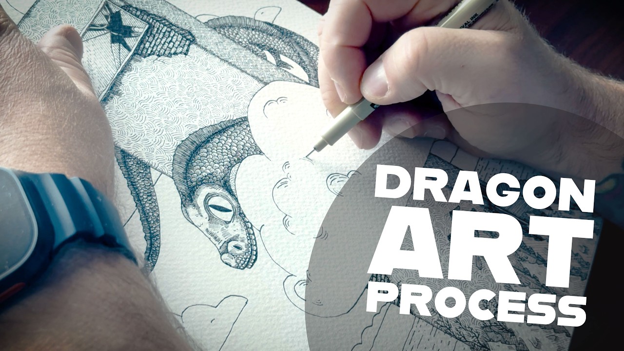Adam Allegrucci using a fine-line pen to draw a dragon within a detailed ink landscape of clouds, scales, and patterned textures