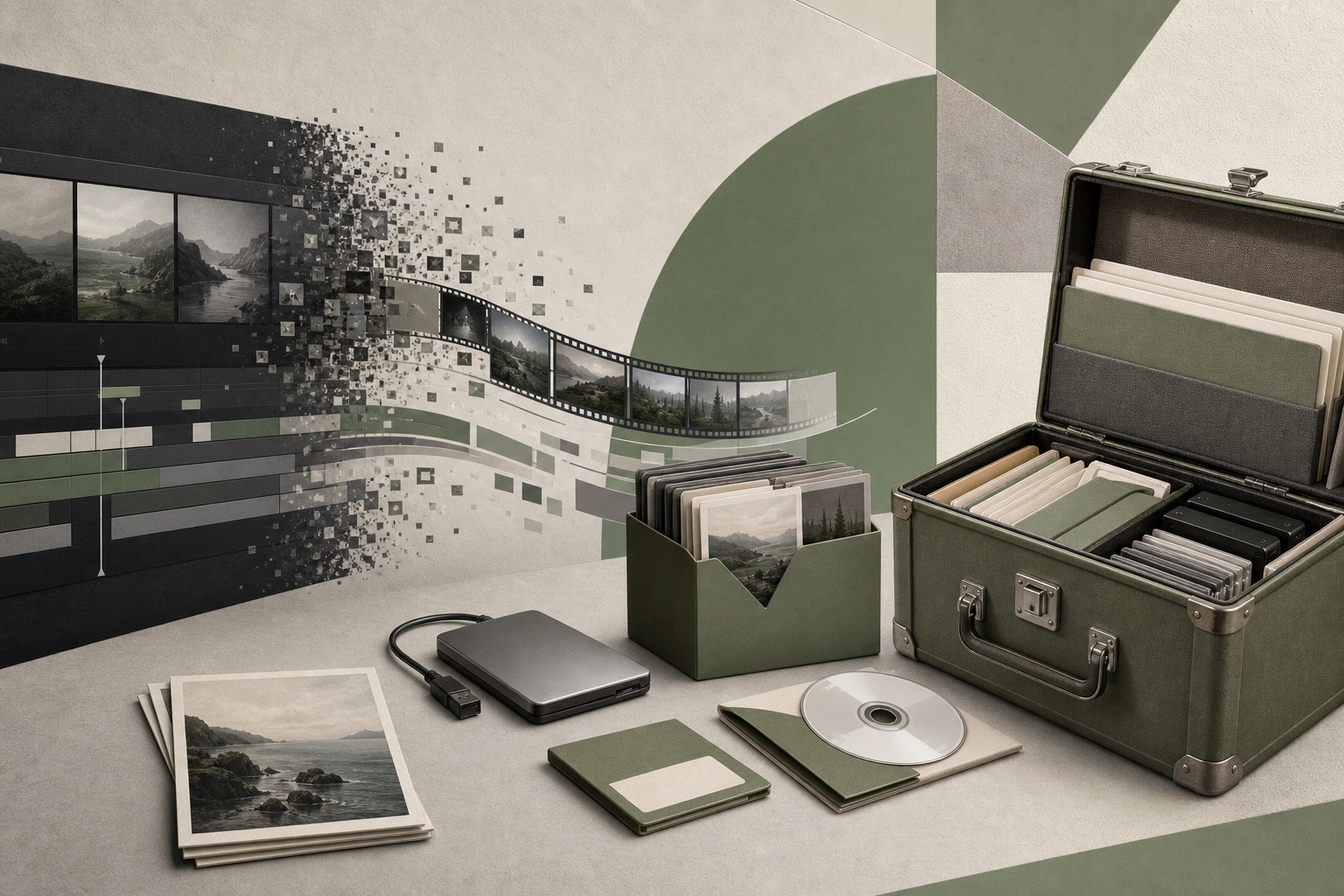 Editorial still life showing a video timeline flowing from a fading workstation into portable media files and an archival storage case