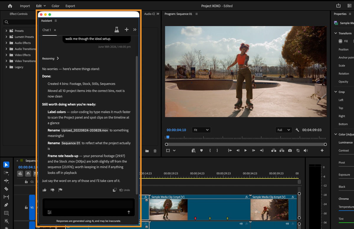 Adobe Premiere interface showing the AI Assistant panel organizing a project beside an editable timeline
