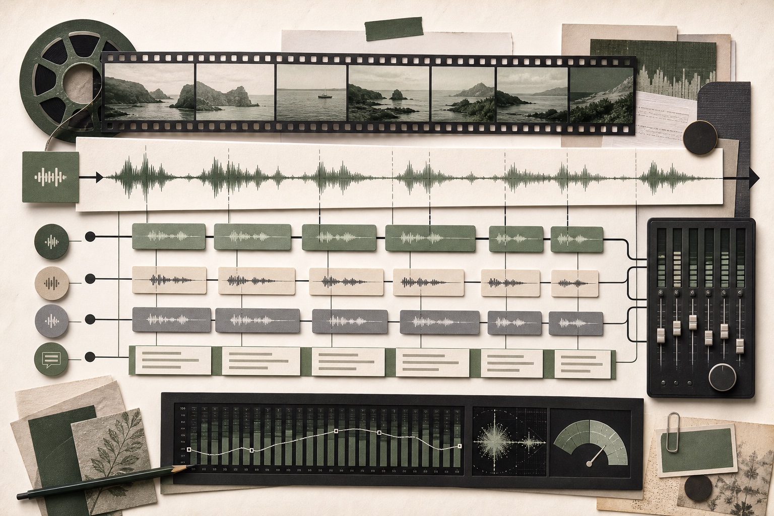 Editorial illustration of one video timeline branching into synchronized multilingual dialogue tracks, subtitles, and final audio quality-control meters