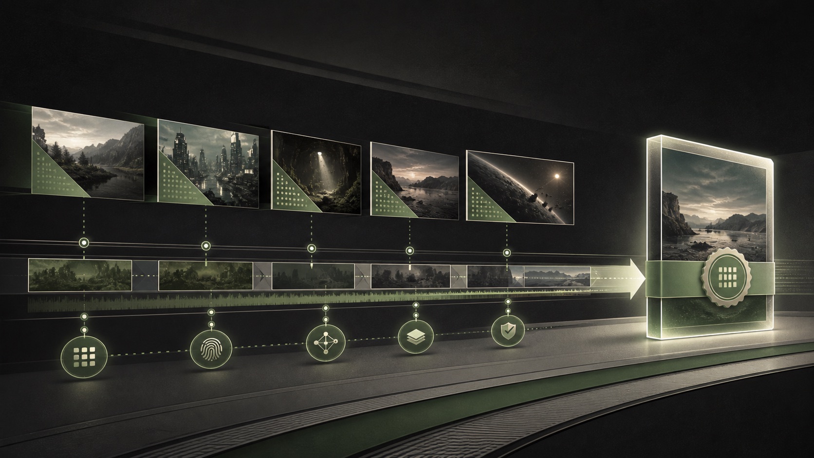 Editorial illustration showing video frames, an editing timeline, connected provenance markers, and a verified final delivery file