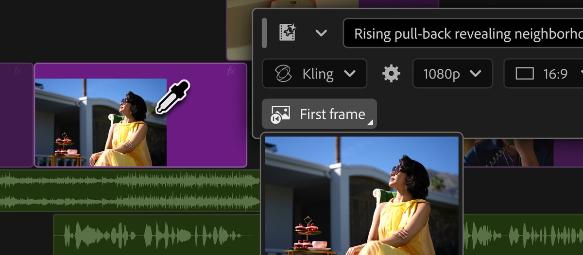 Adobe Premiere 26.5 timeline with the Generative Media Tool open, showing a text prompt, model selection, resolution controls, and a first-frame reference