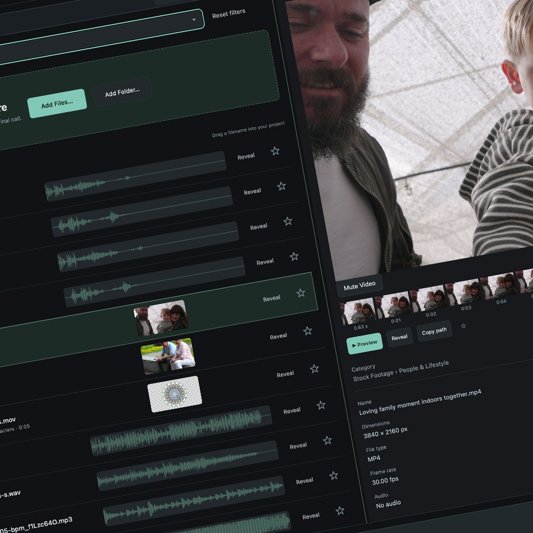 Angled close-up of CutSeeker's media browser showing audio waveforms, video thumbnails, a video preview, and file details