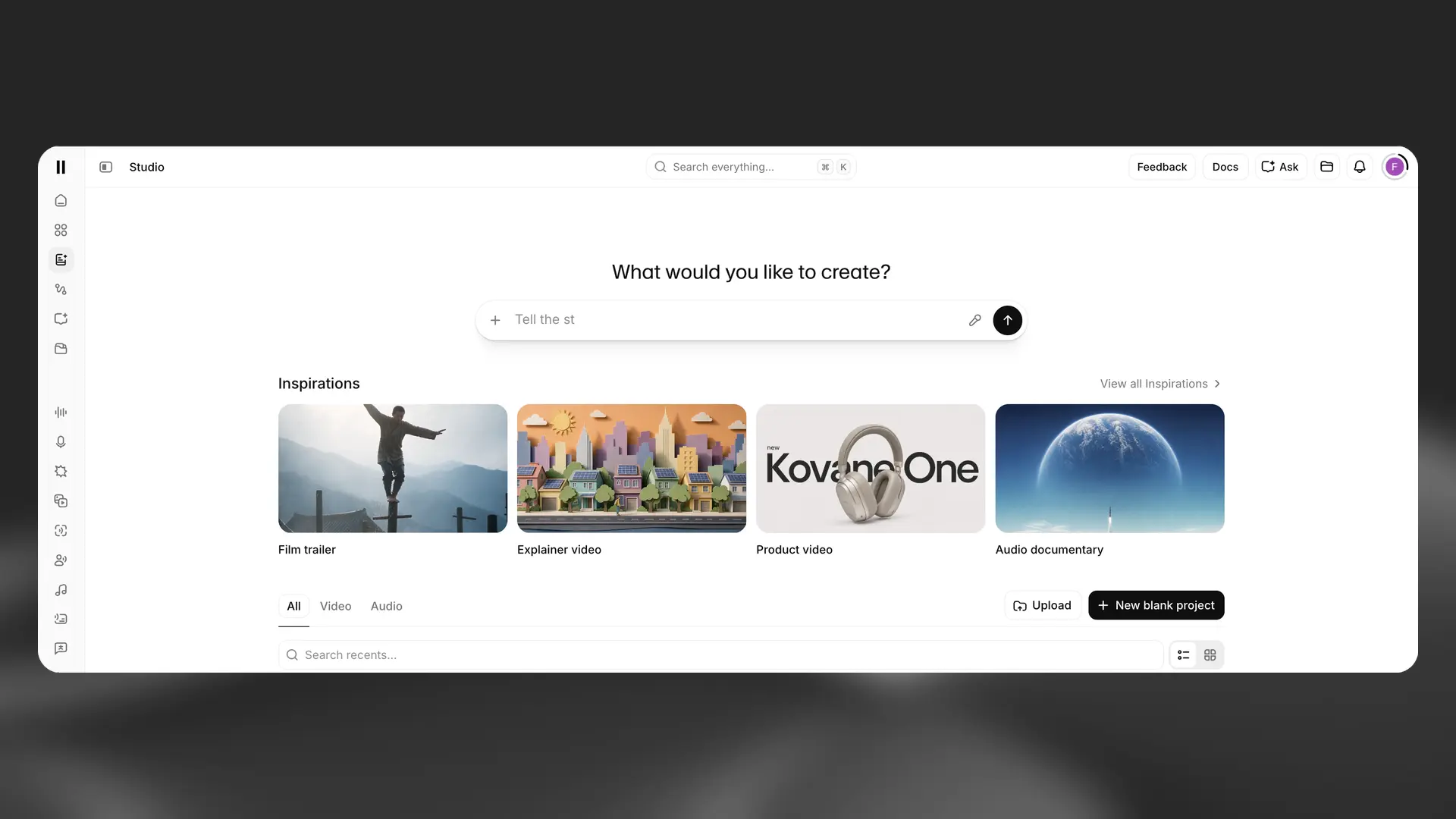 ElevenCreative Studio 4.0 interface showing the prompt field, video project inspirations, upload control, and new project button