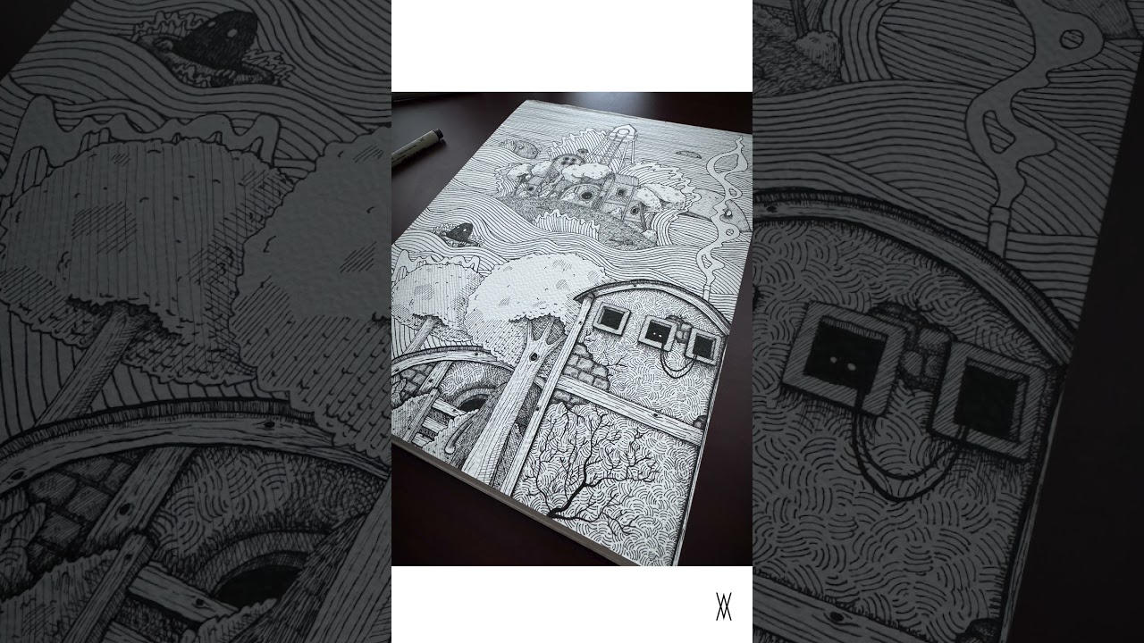 Completed pen-and-ink illustration by Adam Allegrucci showing a surreal watchtower world surrounded by hidden creatures, trees, buildings, and flowing patterns